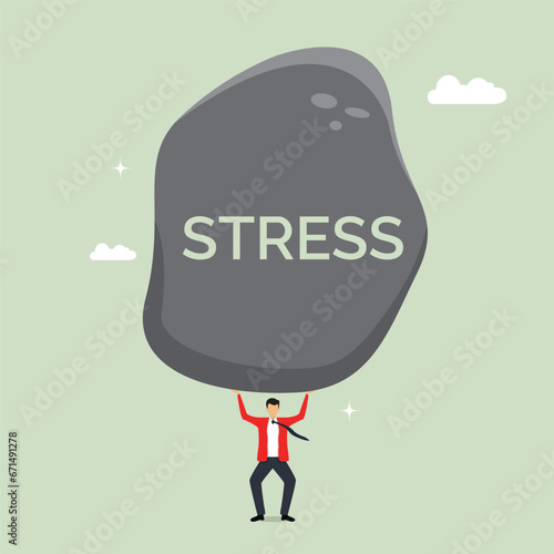 Businessman holding big stone, pressure from too much responsibility concept, overload and stress burden, anxiety from work difficulty