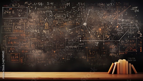 Chalkboard with many equations in school classroom.  photo