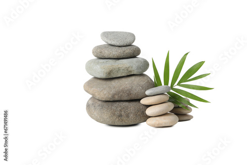 PNG  Stones and tropical leaf  isolated on white background