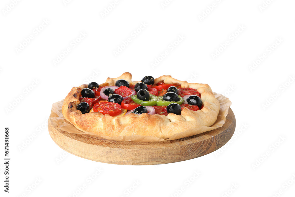 PNG, Vegetable galette on wooden stand, isolated on white background PNG, Vegetable galette on wooden stand, isolated on white background