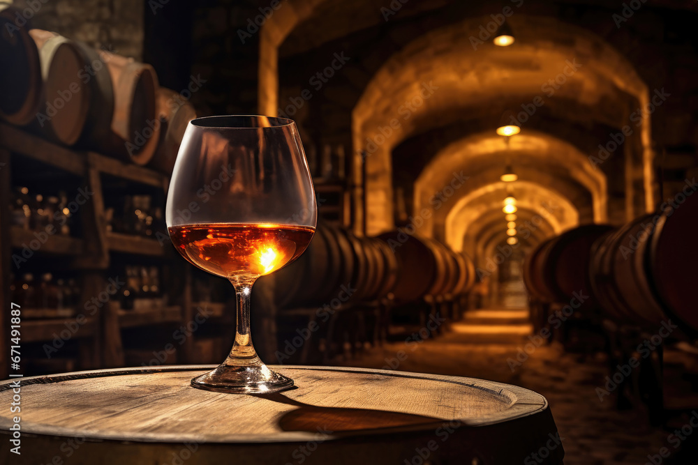 whiskey or cognac in snifter glass on old wooden barrel in cellar - obrazy, fototapety, plakaty 