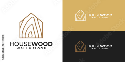 Wood house vector logo template. Wooden home builder logo illustration. Carpenter industry logo design. Oak home line stye logo design.