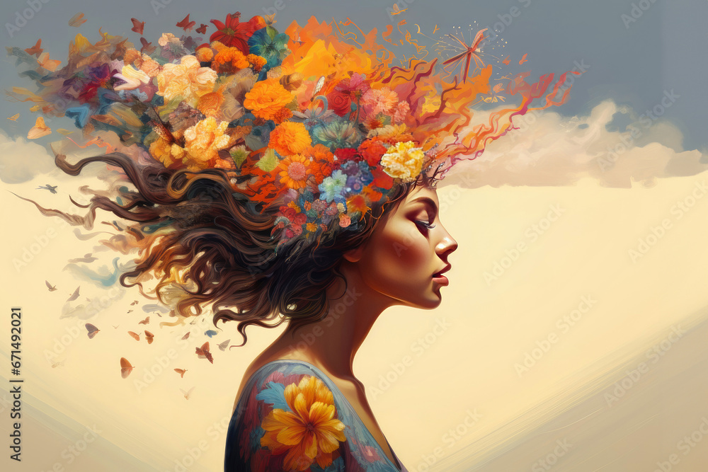 woman head with flowers inside as symbolizes harmony and positive thinking. Concept of mental health