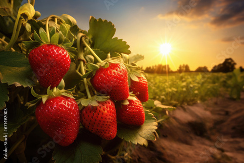 strawberries growing in field at sunset ready to harvest