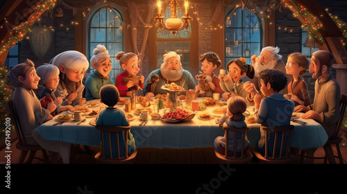 A family gathering around a table to enjoy a Christmas meal together.