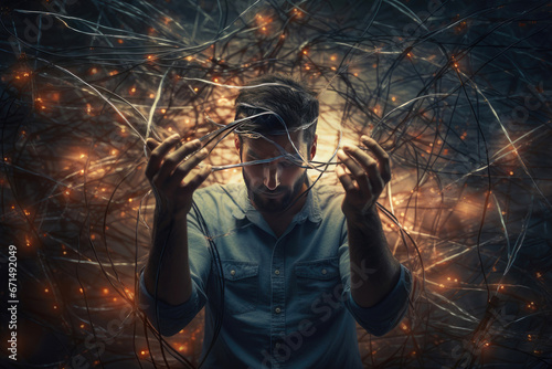 unhappy man stands in web of internet wires. Concept of social media addiction photo