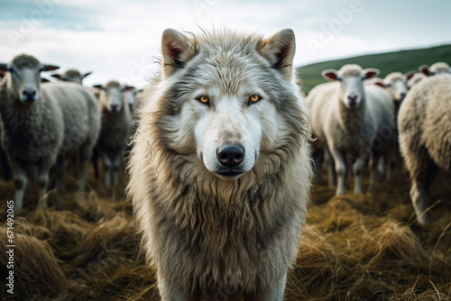 wild wolf and flock of grazing sheep around