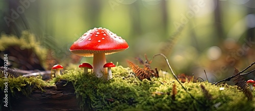 Poisonous red toadstool mushroom in fairytale forest