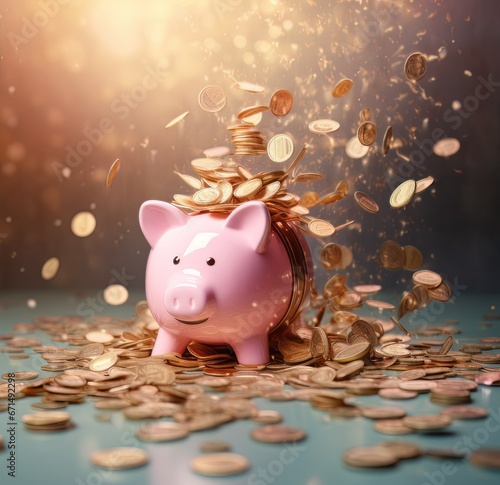 A piggy bank, money case, case, bag with a pastel blue, ping, gold background. Gradient cyberpunk background. Splash of gold, money, and coins. Flowers explosion. Fantasy butterflies. Nice like TVC, s