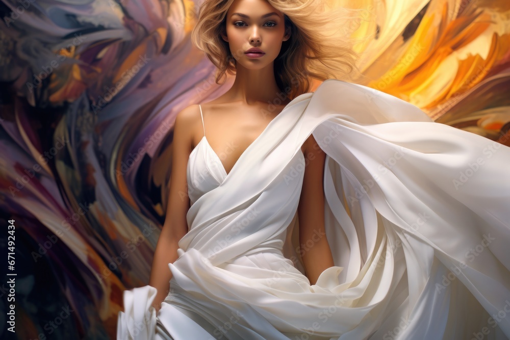 Photo of a beautiful woman surrounded by a light flowing fabric that flutters in the wind, close-up Photo of a beautiful woman surrounded by a light flowing fabric that flutters in the wind, close-up