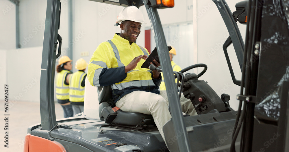 Construction site, tablet and black man in forklift machine for maintenance, planning and building renovation. Logistics, shipping and contractor on digital tech for online report in warehouse Construction site, tablet and black man in forklift machine for maintenance, planning and building renovation. Logistics, shipping and contractor on digital tech for online report in warehouse