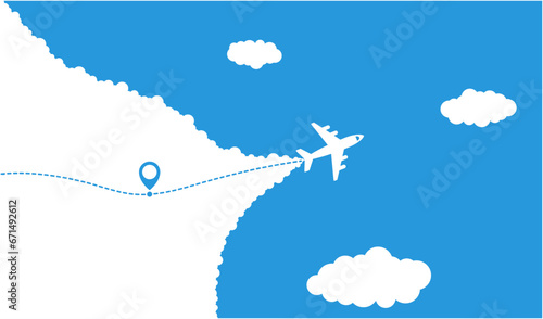 Airplane routes set. Aircraft planes tracking, travel, location pins, map pins. Plane, airplane, aircraft paths. Vector illustration.