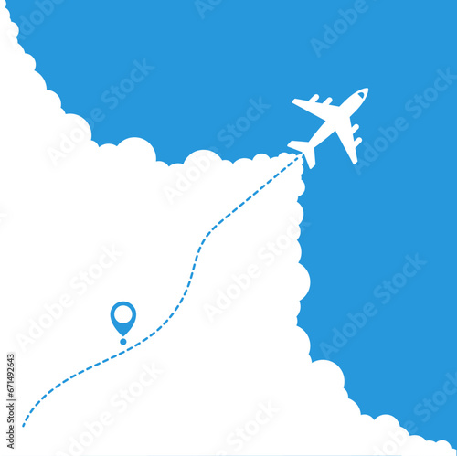 Airplane routes set. Aircraft planes tracking, travel, location pins, map pins. Plane, airplane, aircraft paths. Vector illustration.