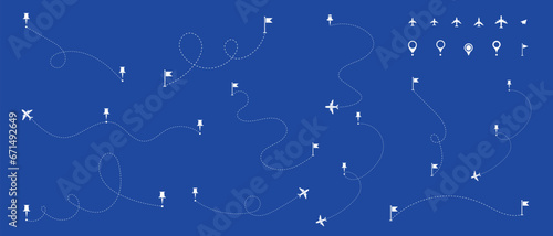 Airplane routes set. Aircraft planes tracking, travel, location pins, map pins. Plane, airplane, aircraft paths. Vector illustration.