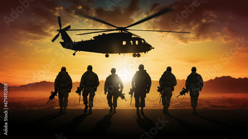 Silhouette of US Army Marines with a support helicopter.