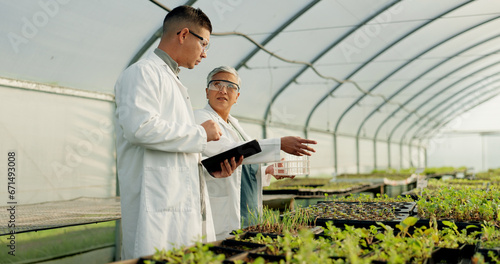 Science, tablet and people in a farm greenhouse for agriculture, sustainability or growth in medical industry. Teamwork, research or innovation with a man and woman scientist looking at plant life