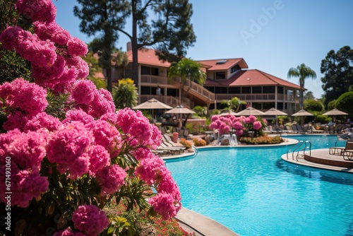 View of a beautiful hotel with a large swimming pool and pink flowers on the premises. Luxury travel vacation. Generative AI