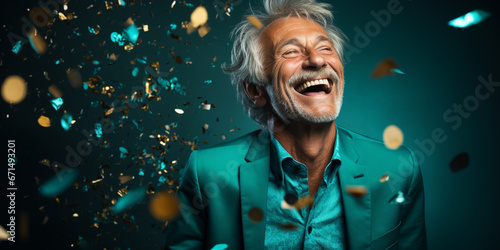 Happy laughing senior man grandad grandfather grandpa with glasses and falling confetti on teal blue background. Modern old guy with smile celebrating at party. Winning Lottery. Generative AI.