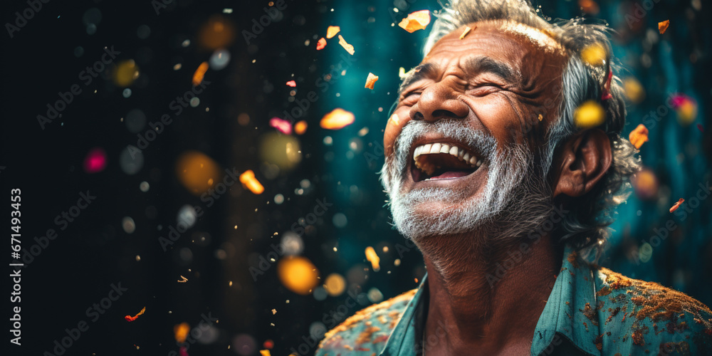 Happy laughing senior man grandad grandfather grandpa and falling confetti on teal blue background. Modern old guy with smile celebrating at party. Winning Lottery. Generative AI.