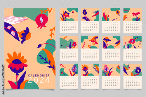Calendrier 2024 carte des mois de l ann  e motifs fleurs grenade  jungle abstraite