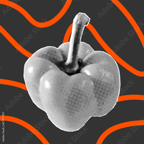 Halftone collage banner, pepper on a dark background, red doodle curls. Paper cut element, pop art illustration of vegetable, paprika.