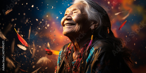 Happy laughing senior woman grandma grandmother with glasses and falling confetti on teal blue background. Modern old guy with smile celebrating at party. Winning Lottery. Generative AI.