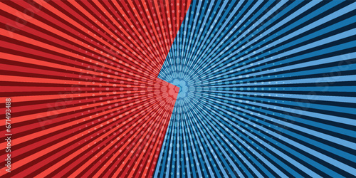 Pop art comic background lightning blast halftone dots. Cartoon Vector Illustration on red and blue.