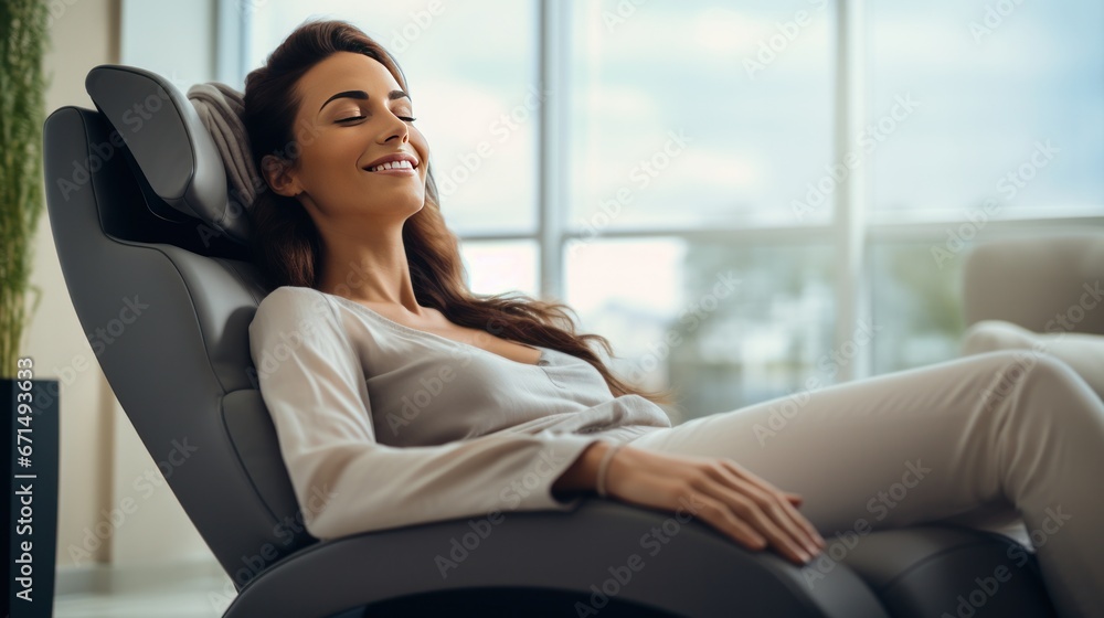 A happy woman relaxing on the massage chair in the living room. - obrazy, fototapety, plakaty 