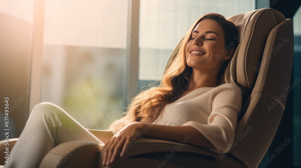 A happy woman relaxing on the massage chair in the living room. A happy woman relaxing on the massage chair in the living room.