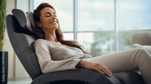 A happy woman relaxing on the massage chair in the living room. photo