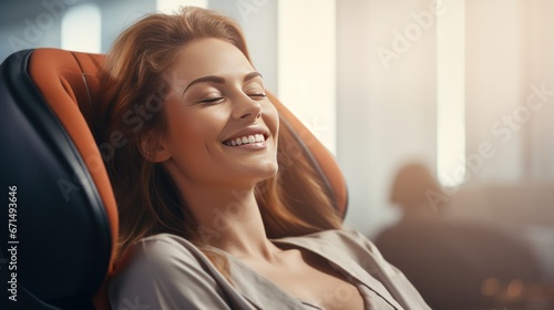 A happy woman relaxing on the massage chair in the living room.