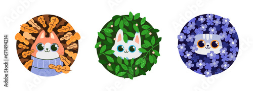 Set of cute cartoon cats in the foliage.