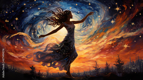 impressive epic dancing woman artwork at night with a magical sky full of stars