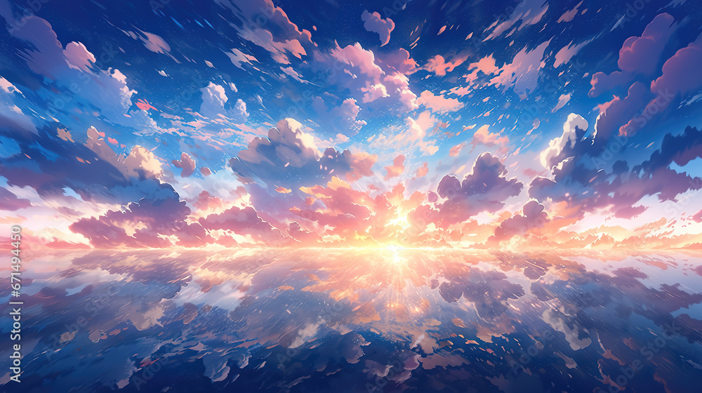epic anime hope artwork, a lot of clouds in the sky over the ocean