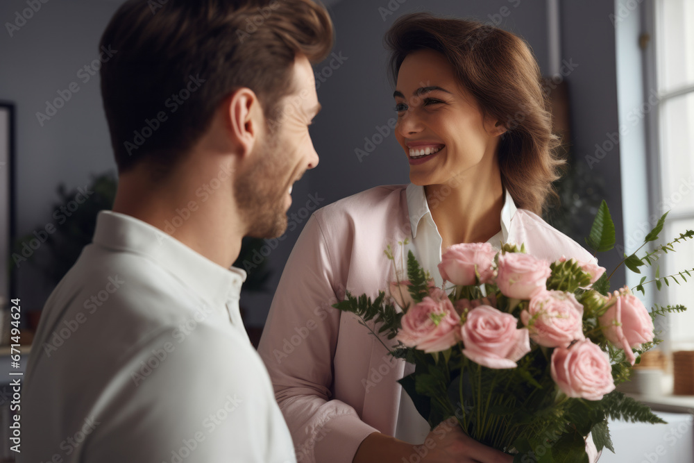A man gives a bouquet of flowers to a woman. The concept of Valentine's Day. February 14. generative ai. A man gives a bouquet of flowers to a woman. The concept of Valentine's Day. February 14. generative ai.