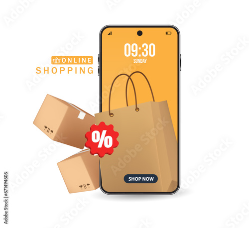 3D Paper bag shopping on the smartphone screen And there is a parcel box or cardboard box placed in front, vector 3d isolated for e commerce, delivery, online shopping concept
