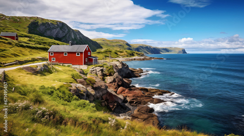Norwegian landscape with traditional old red wooden