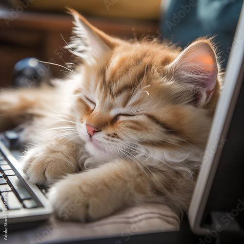 Cute ginger cat sleeping on laptop keyboard at home, selective focus