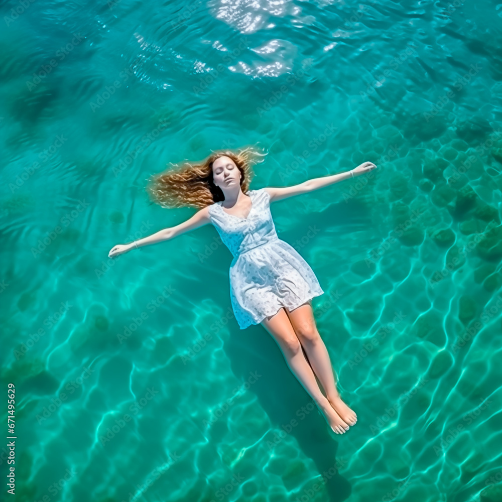 Woman floating in a tropical sea. Concept of travelling and vacating in warm and sunny locations. Shallow field of view.