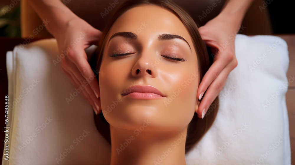 Young woman getting a Facial massage from a professional masseuse at a wellness resort or spa. Concept of relaxation and self-care. Shallow field of view.