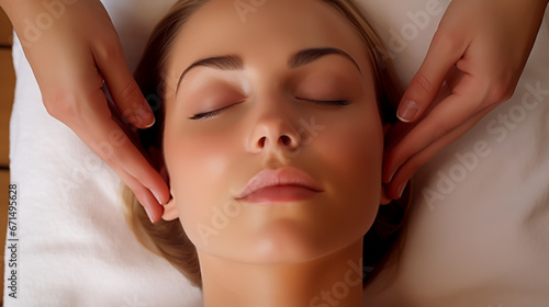 Young woman getting a Facial massage from a professional masseuse at a wellness resort or spa. Concept of relaxation and self-care. Shallow field of view.