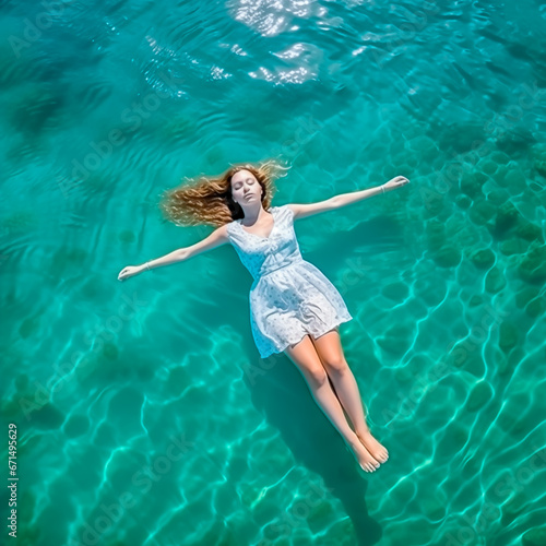 Woman floating in a tropical sea. Concept of travelling and vacating in warm and sunny locations. Shallow field of view.