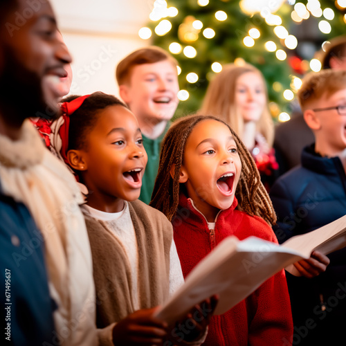 Church Choir singing carols or songs at a Christmas concert. Shallow field of view.