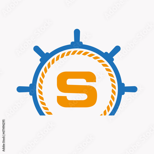 Letter S Cruise Steering Logo. Yacht Symbol, Ship Logotype, Marine Sign Template