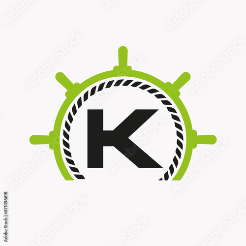 Letter K Cruise Steering Logo. Yacht Symbol, Ship Logotype, Marine Sign Template