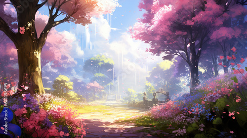 a wonderful entrance scenery of a big garden in anime look photo