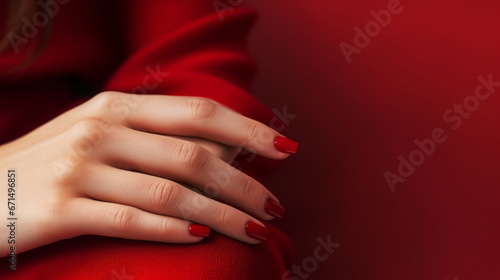 Female hands with red manicure on a red background. Close-up.