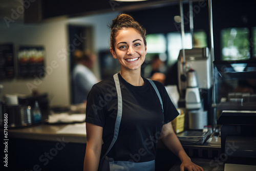 Young smiling woman supermarket worker. AI generative