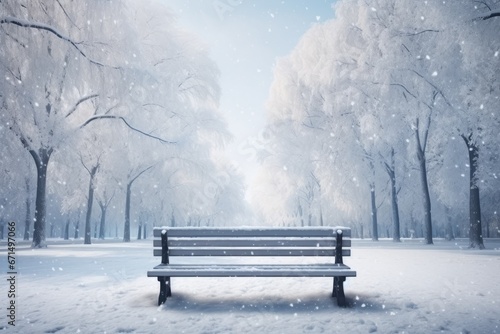 bench in the park at winter season. Generative AI