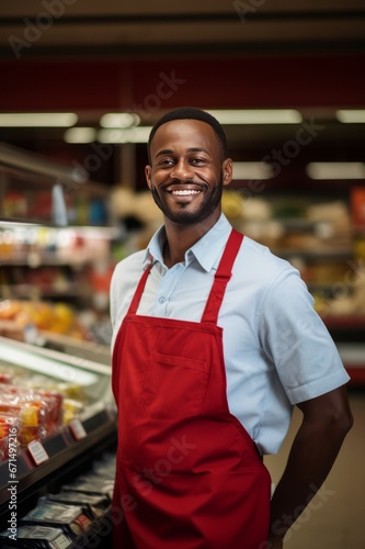Young smiling man supermarket worker. AI generative